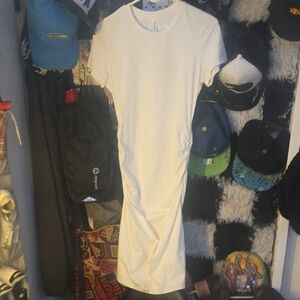 Elegant White Midi DreMissufe Womens Short Sleeve Ruched Casual Sundress Size M